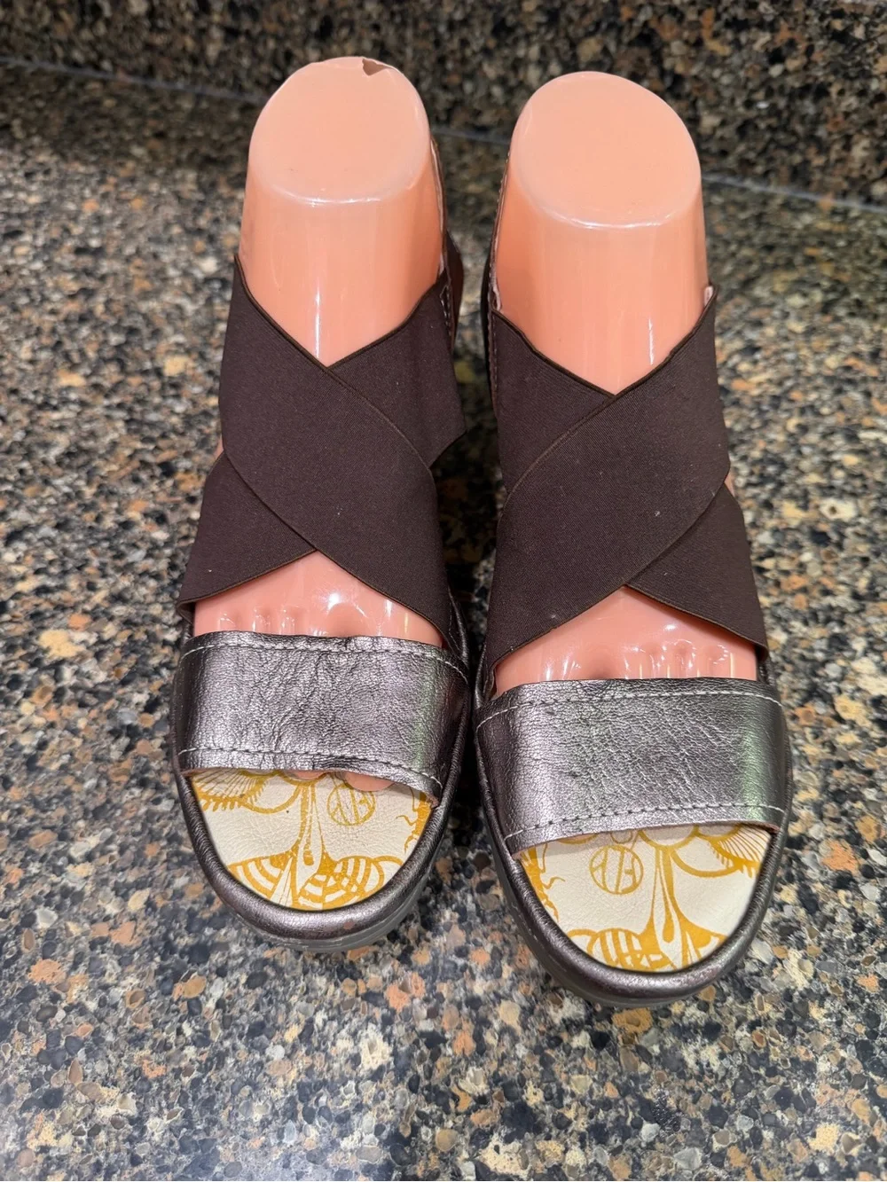 Fly London Yaji Women’s Brown Metallic Wedge Sandals with Elastic Cross Straps 3